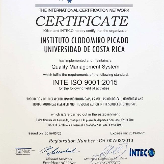 Certificado contra la norma INTE/ISO 9001:2015, IQNET