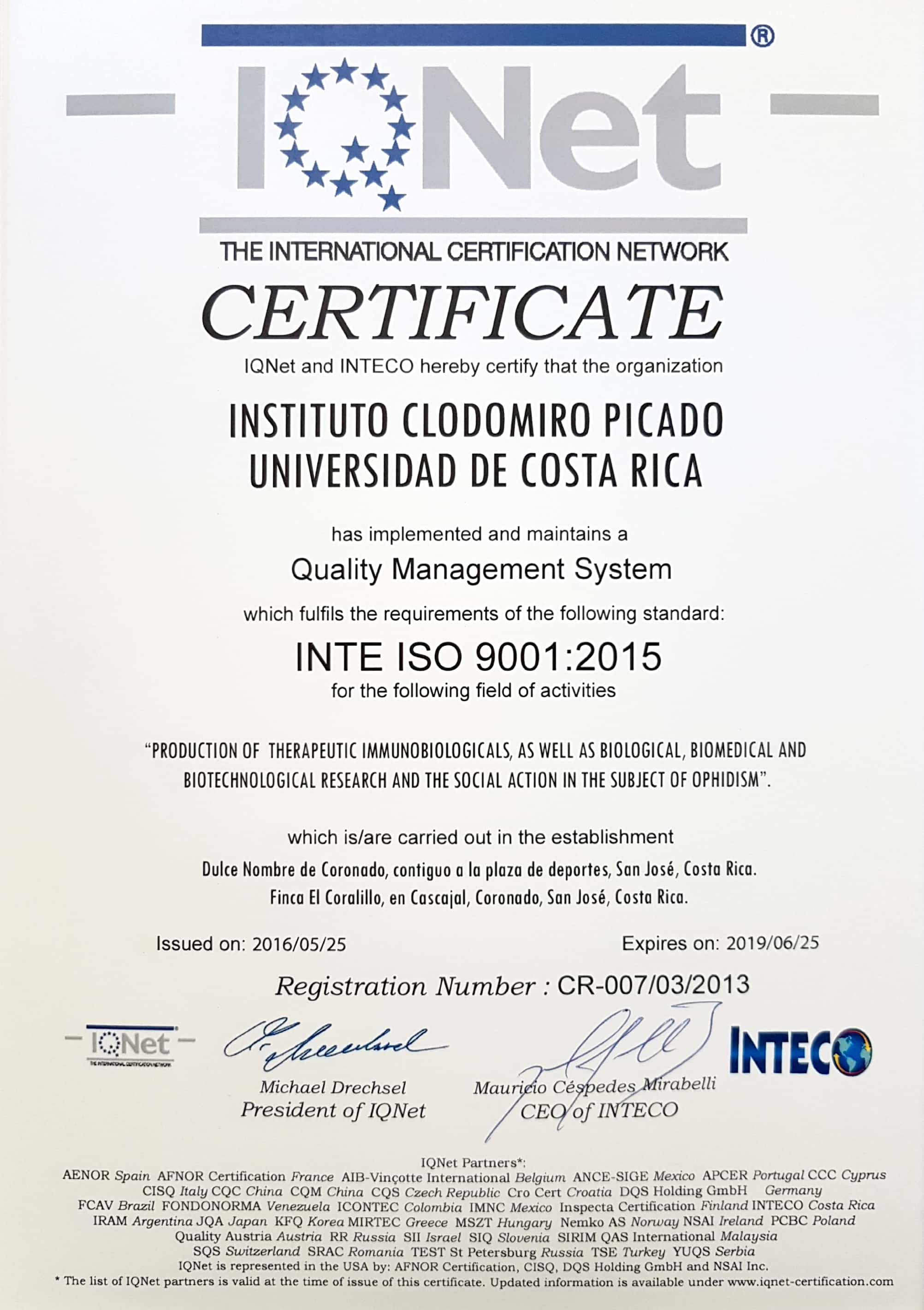 Certificado contra la norma INTE/ISO 9001:2015, IQNET