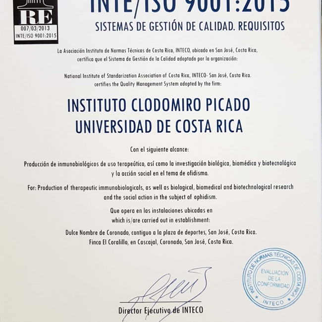 Certificado contra la norma INTE/ISO 9001:2015